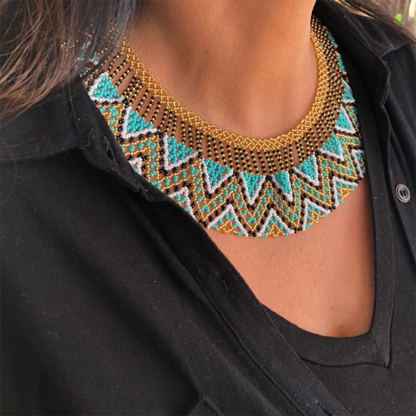 Light Blue And Golden Indigenous Beaded Egyptian Style Necklace